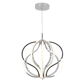 The Artika Meridian LED pendant light features intertwined curved LED strips in black, chrome, and white, suspended from a circular ceiling mount for a modern, contemporary look.