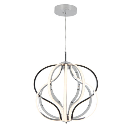 The Artika Meridian LED pendant light features intertwined curved LED strips in black, chrome, and white, suspended from a circular ceiling mount for a modern, contemporary look.
