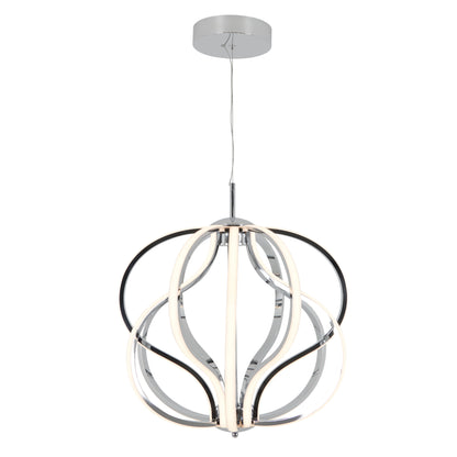 The Meridian LED pendant light by Artika features sleek, curved LED strips in a sculptural design with silver, black, and white elements, suspended from a round ceiling mount by a thin wire.