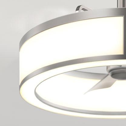 A close-up of the Artika Huxley 23 in. LED modern ceiling fan, featuring sleek metallic blades, a circular white and silver light fixture, three speeds, and a minimalist design.