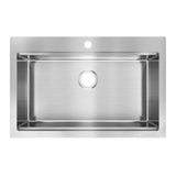 Rectangular stainless steel kitchen sink with a centered drain hole at the bottom and a single faucet hole at the top, viewed from above. The sink has modern, straight edges and a smooth brushed finish.