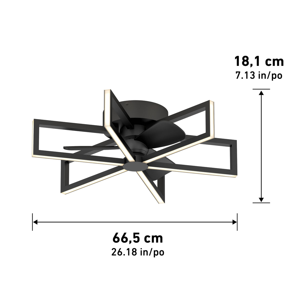 Black modern ceiling fan with geometric LED light frame. Measurements are 18.1 cm (7.13 in) in height and 66.5 cm (26.18 in) in width.