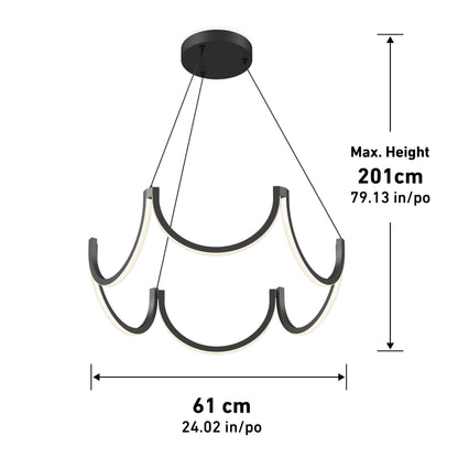 The Artika Adelia LED pendant light 5 CCT is a modern black chandelier with three curved LED bars suspended by cables. It extends up to 201 cm (79.13 in) high and measures 61 cm (24.02 in) wide, with dimensions clearly marked.