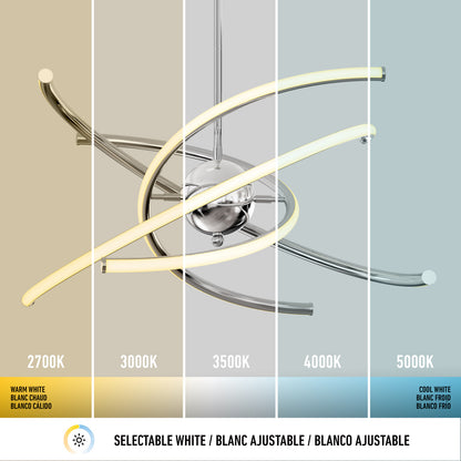 The Artika Silvio LED pendant light 3 CCT is shown with five segments, each labeled with a color temperature from warm white (2700K) to cool white (5000K), demonstrating its adjustable lighting options.