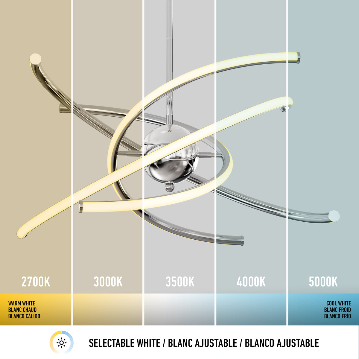 A modern ceiling light with curved arms is shown under five different color temperatures, from warm white (2700K) to cool white (5000K), illustrating selectable white lighting options.