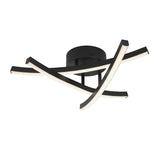 A modern black ceiling light fixture with three curved, intersecting LED bars, each emitting a soft white glow, attached to a round base.