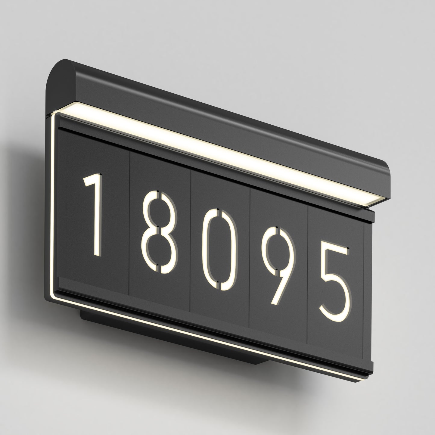 The Artika Bowen modern LED outdoor address wall light 5 CCT displays the number 18095 in black against a light gray wall, featuring white LED backlighting for a sleek, contemporary look.