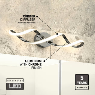 The Artika Swirl modern LED bathroom vanity light features a wavy aluminum and chrome design with a rubber diffuser, integrated LEDs (no bulbs needed), and includes a 5-year warranty—ideal for contemporary, stylish lighting solutions.