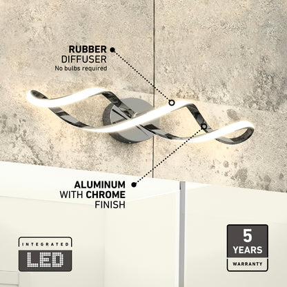 The Artika Swirl modern LED bathroom vanity light features a wavy aluminum and chrome design with a rubber diffuser, integrated LEDs (no bulbs needed), and includes a 5-year warranty—ideal for contemporary, stylish lighting solutions.