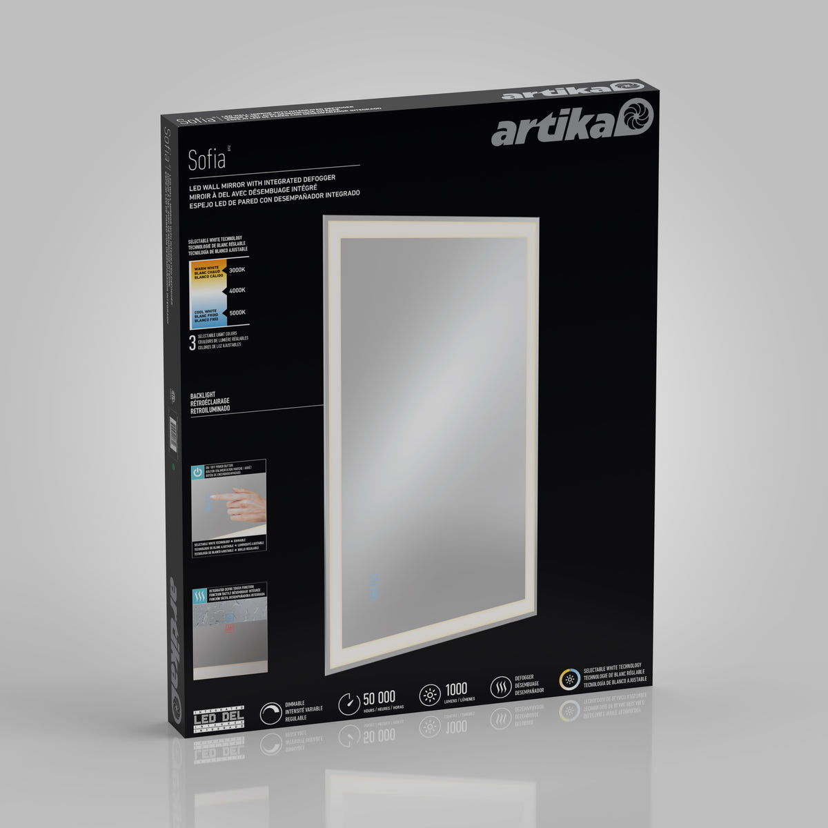 A black Artika box displays a rectangular LED mirror called Sofia. The front shows the mirror with a glowing border and features icons for brightness, color temperature, and energy efficiency. Instructions are pictured on the side.