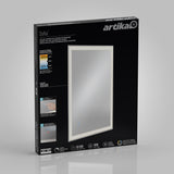 A black Artika box displays a rectangular LED mirror called Sofia. The front shows the mirror with a glowing border and features icons for brightness, color temperature, and energy efficiency. Instructions are pictured on the side.