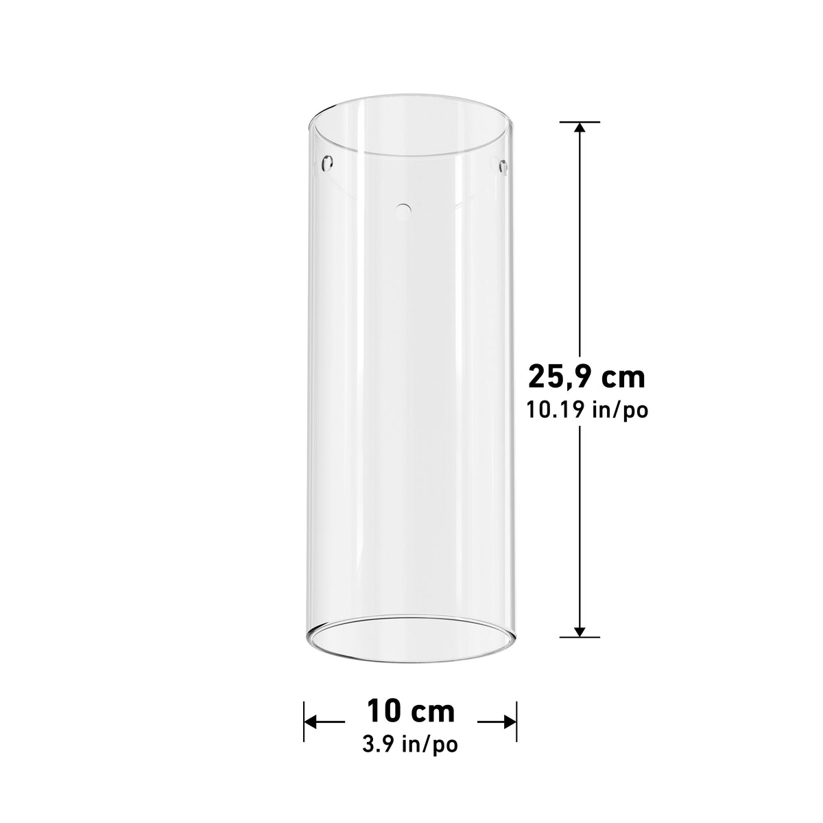 The Artika-CAN-dev Outer glass cylinder replacement part (259 mm tall, 100 mm wide) features measurement arrows and labels for height and diameter. This final sale item is ideal for display or scientific use.