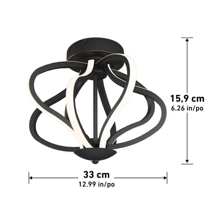 The Artika Meridian LED flush mount light features black curved arms and integrated LED strips, measuring 15.9 cm (6.26 in) in height and 33 cm (12.99 in) in diameter, shown on a white background with measurement labels.