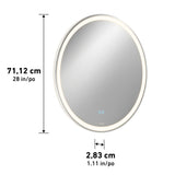 Round wall mirror with built-in LED lighting around the edge. The mirror measures 71.12 cm (28 inches) in diameter and 2.83 cm (1.11 inches) in thickness. Blue touch buttons are visible on the mirrors surface.