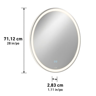 The Artika Ayla 28 in. LED mirror with defogger features built-in edge lighting, touch controls on the front, and measures 71.12 cm (28 in) diameter by 2.83 cm (1.11 in) thick with selectable 3-CCT color temperatures.