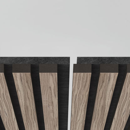Close-up of the Artika Sonolok sound-absorbing wall panel kit, featuring alternating light wood and black slats in a modern geometric pattern against a white background.