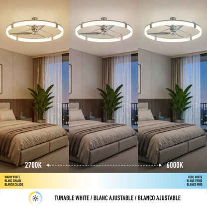 The Artika Sunnyvale 52 in. LED Ceiling Fan with Remote offers three color temps above a cozy bed with plants and a window.