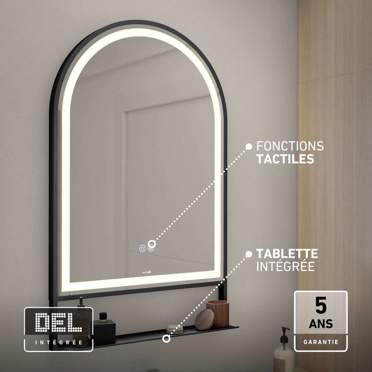 Artika Arturo 20x32 in. LED mirror with 3 CCT, defogger, touch controls, shelf & 5-year warranty for modern bathrooms.