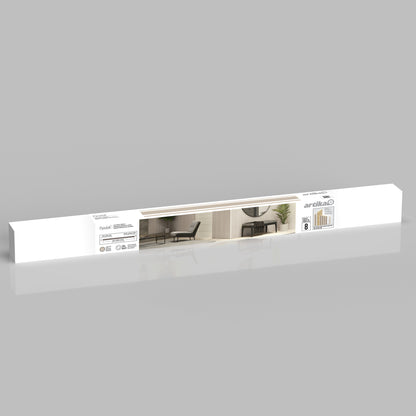 Long white rectangular package labeled Artika displays a modern interior scene with a table, chairs, and plant. The label reads Panolok 30.67 ft wall panel kit - pack of 8 and features product specs and icons.