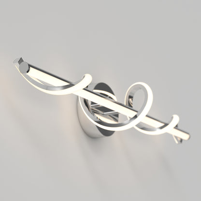 The Artika Coda modern LED bathroom vanity light 5 CCT features a sleek chrome base and a curved spiral design that emits a soft white glow, perfect for mounting on a light gray wall.