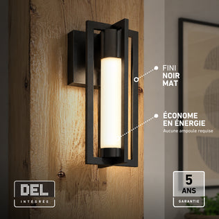 Rectangular black Artika Walt indoor-outdoor LED wall light on a wooden surface, highlighting its matte finish, efficiency, and 5-year warranty.