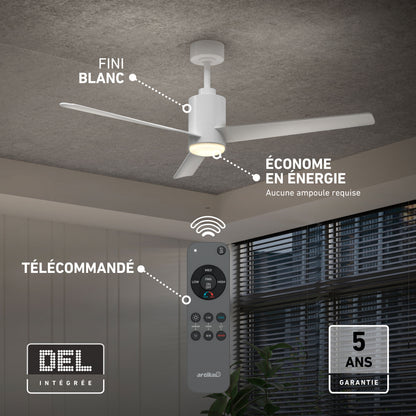 Artika Ellison 52 in. LED fandelier ceiling fan with light and remote, 5-year warranty, shown in stylish room with French text.
