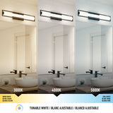 A bathroom vanity light above a mirror is shown in three different color temperatures: 3000K warm white, 4000K neutral white, and 5000K cool white, demonstrating adjustable white lighting.