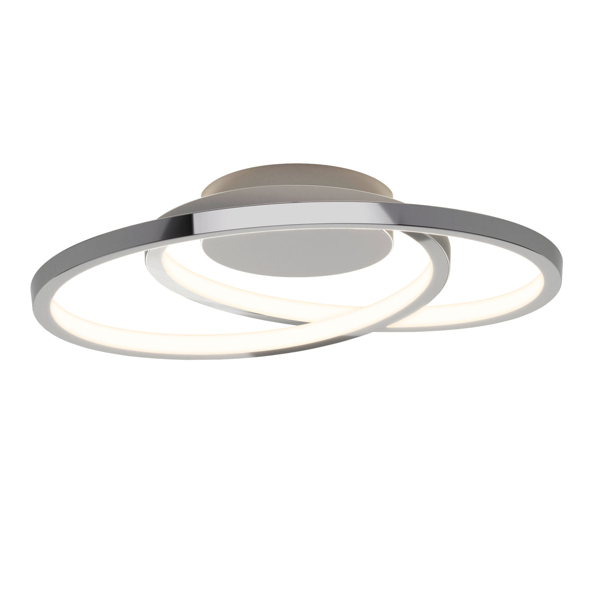 A modern ceiling light fixture with two intersecting circular LED rings and a round base, finished in a sleek metallic color.