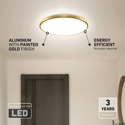 A round, gold-finished ceiling light fixture is mounted above a wooden door. Text highlights its aluminum painted gold finish, energy efficiency, integrated LED, and a 3-year warranty.
