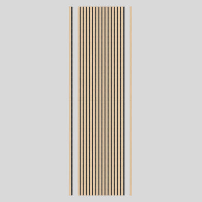 The Artika Sonofold sound-absorbing wall panel kit (pack of 2) features rectangular panels with evenly spaced vertical black stripes and plain light wood borders on each side, set against a light gray background.