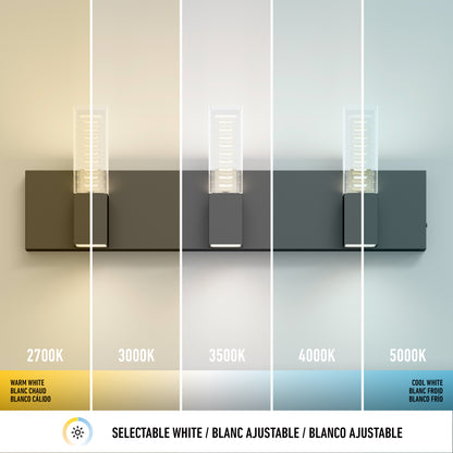 The Artika Hologram LED modern bathroom vanity light 5 CCT features five selectable white color temperatures (2700K, 3000K, 3500K, 4000K, 5000K), each section labeled and illuminated to display warm to cool lighting.