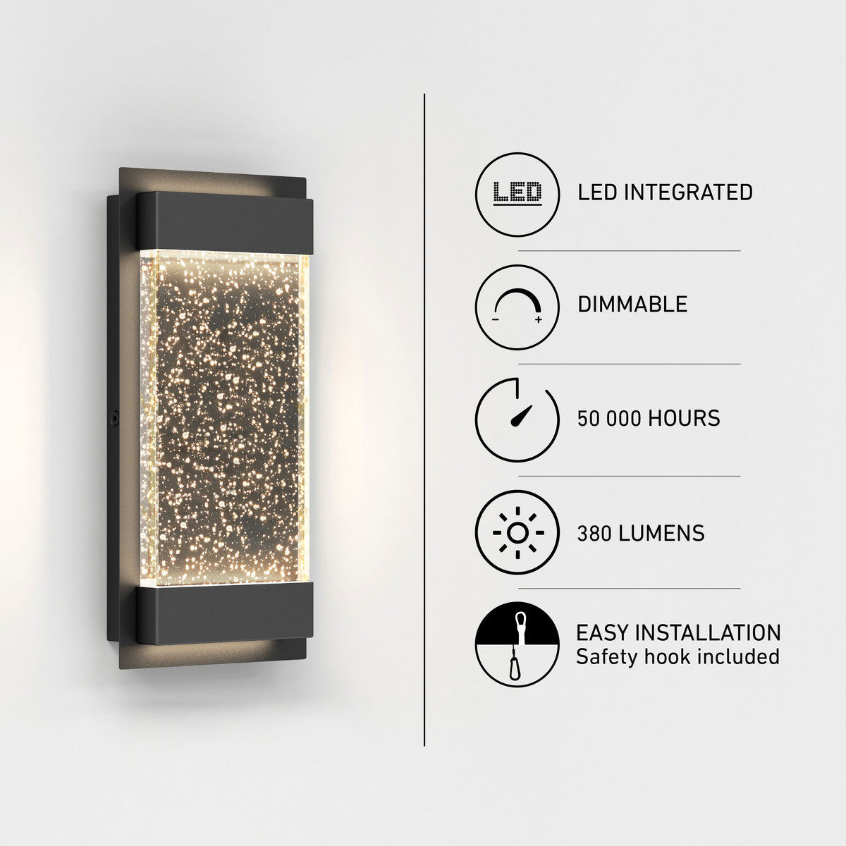 Artika Essence Glow Box indoor-outdoor LED wall light, dimmable, 380 lumens, 50K hrs, easy install—features shown with icons.