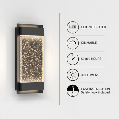 Artika Essence Glow Box indoor-outdoor LED wall light, dimmable, 380 lumens, 50K hrs, easy install—features shown with icons.