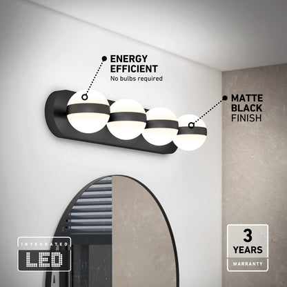 Artika’s Baldric LED modern bathroom vanity light features a matte black finish, four energy-efficient integrated LED globe bulbs, 3 adjustable color temperatures (CCT), and includes a 3-year warranty.
