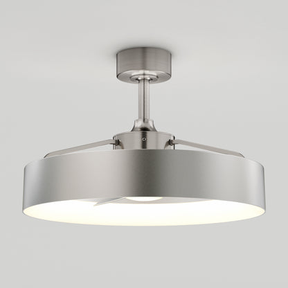 A modern semi-flush ceiling light fixture with a brushed metal finish and a wide, cylindrical shade emitting soft white light.