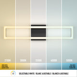 A wall-mounted light fixture displays five color temperatures from left to right: 2700K (warm white), 3000K, 3500K, 4000K, and 5000K (cool white), with labeled sections and corresponding lighting tones.