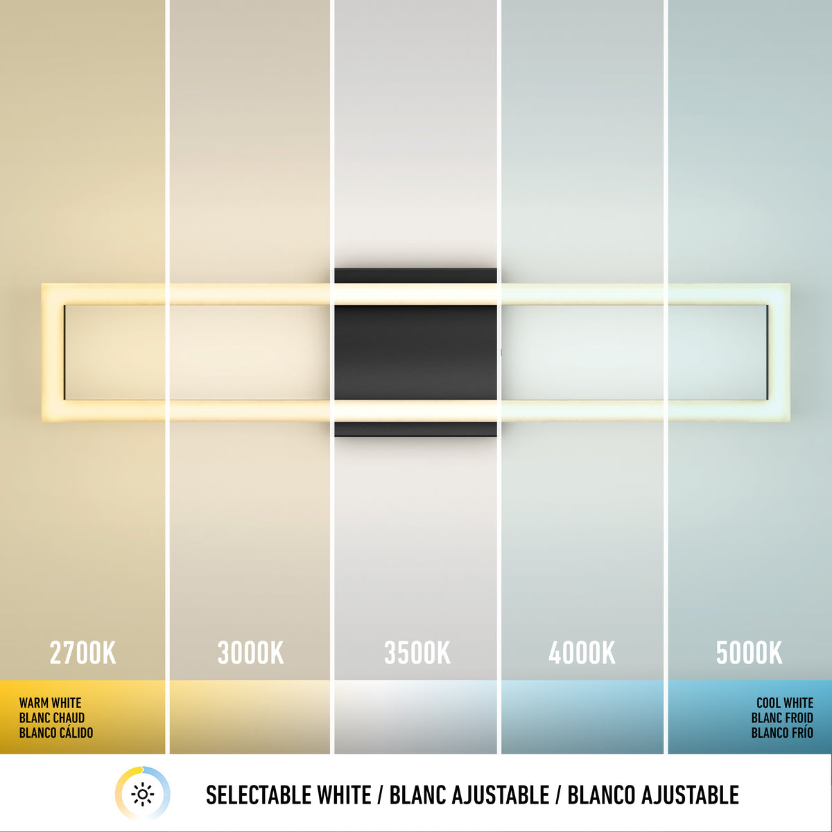 The Artika Dover 27-in Integrated LED 5-CCT Vanity Light Bar for Bathroom features a sleek chrome finish and five selectable color temperatures (2700K–5000K), with clear labels and a selectable white function shown below the image.
