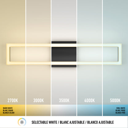 The Artika Dover modern LED bathroom vanity light 5 CCT is displayed in five sections, each labeled with its color temperature from warm white (2700K) to cool white (5000K), showing every Kelvin value and description.