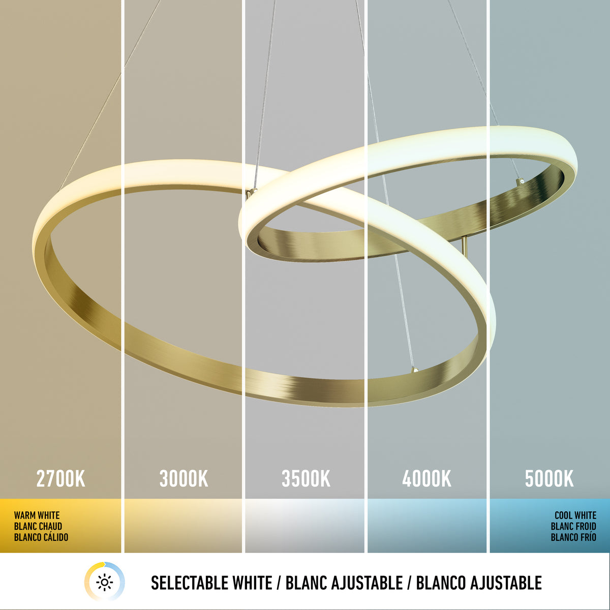 The Artika Mora 28″ LED Pendant offers 5CCT white lighting: 2700K, 3000K, 3500K, 4000K, and 5000K in a modern dimmable ring design.