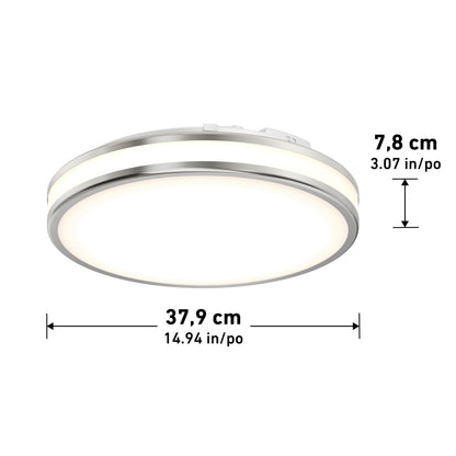 The Artika Hemisphere 15 in. LED flush mount light features a silver rim, adjustable brightness, and measures 37.9 cm diameter by 7.8 cm high—ideal for bathroom lighting with selectable color temperatures.