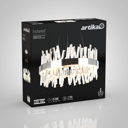 A black box showcases the Artika Enchanted LED pendant light with crystal-like accents, featuring a photo and product details on the front. The packaging highlights 2,250 lumens and 25,000-hour lifespan.