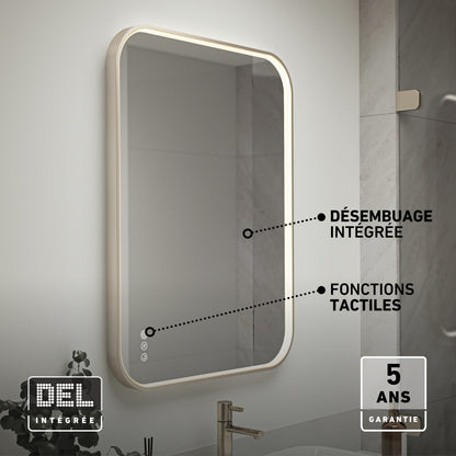 Artika Royce Dimmable LED Mirror (3 CCT) shown above a sink, features built-in lighting, integrated defogger, touch controls, 5-year warranty. Mounts horizontally or vertically—key features highlighted with clear icons and text.