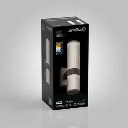 A black retail box for the Artika Mirado modern LED wall sconce 5 CCT displays the fixture image, energy ratings, features, and specs on a gray background.