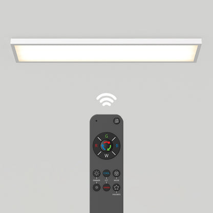An Artika Skyshade smart RGB LED light panel glows above a gray remote control with multiple buttons for color and mode. A wireless signal icon between them highlights the smart connectivity.