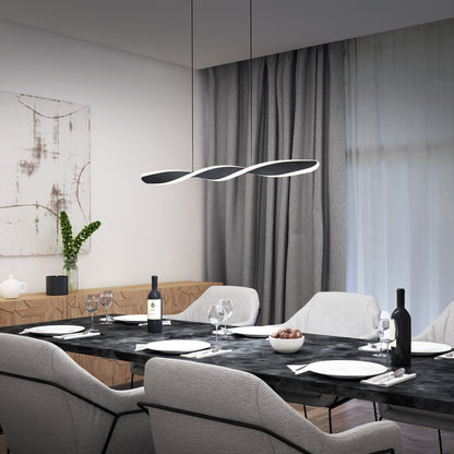 Modern dining room with a black marble table for four, gray upholstered chairs, two wine bottles, and the Artika Finley Linear LED pendant light above. Light gray curtains cover large windows; abstract art decorates the wall.