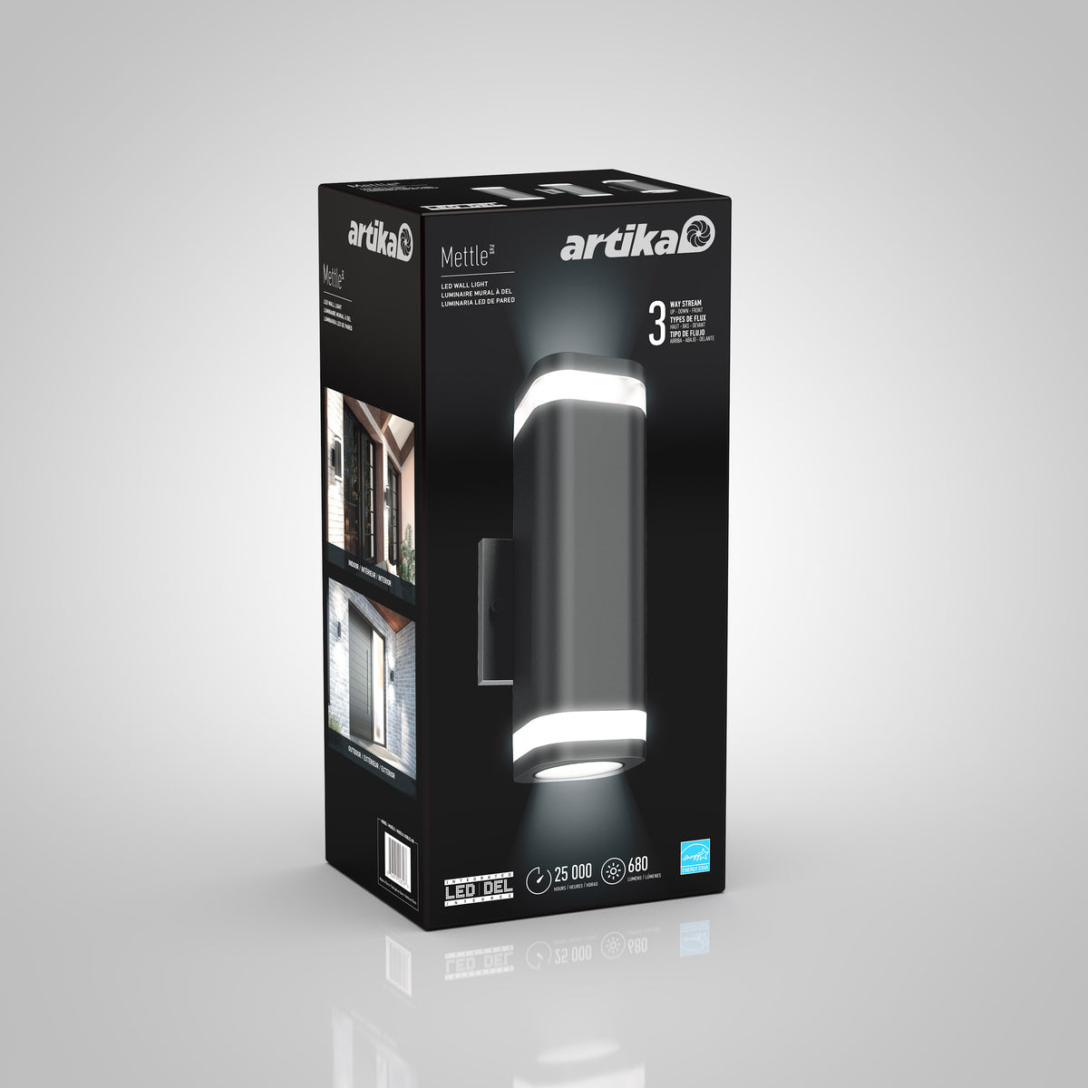 Black Artika Mettle LED outdoor wall light packaging with images of the installed light, product features, and a large photo of the cylindrical fixture glowing at both ends. Box highlights 3 selectable color temperatures.