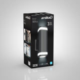 Black Artika Mettle LED outdoor wall light packaging with images of the installed light, product features, and a large photo of the cylindrical fixture glowing at both ends. Box highlights 3 selectable color temperatures.