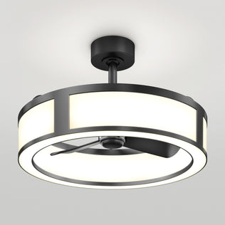 Artika Huxley 23 in. LED modern ceiling fan with 3 speeds, black frame, circular light, and three blades on a white ceiling.