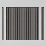 A black and gray rectangular grid with vertical bars, centered, and two matching narrow vertical bars placed separately on the left and right sides, all on a plain light gray background.