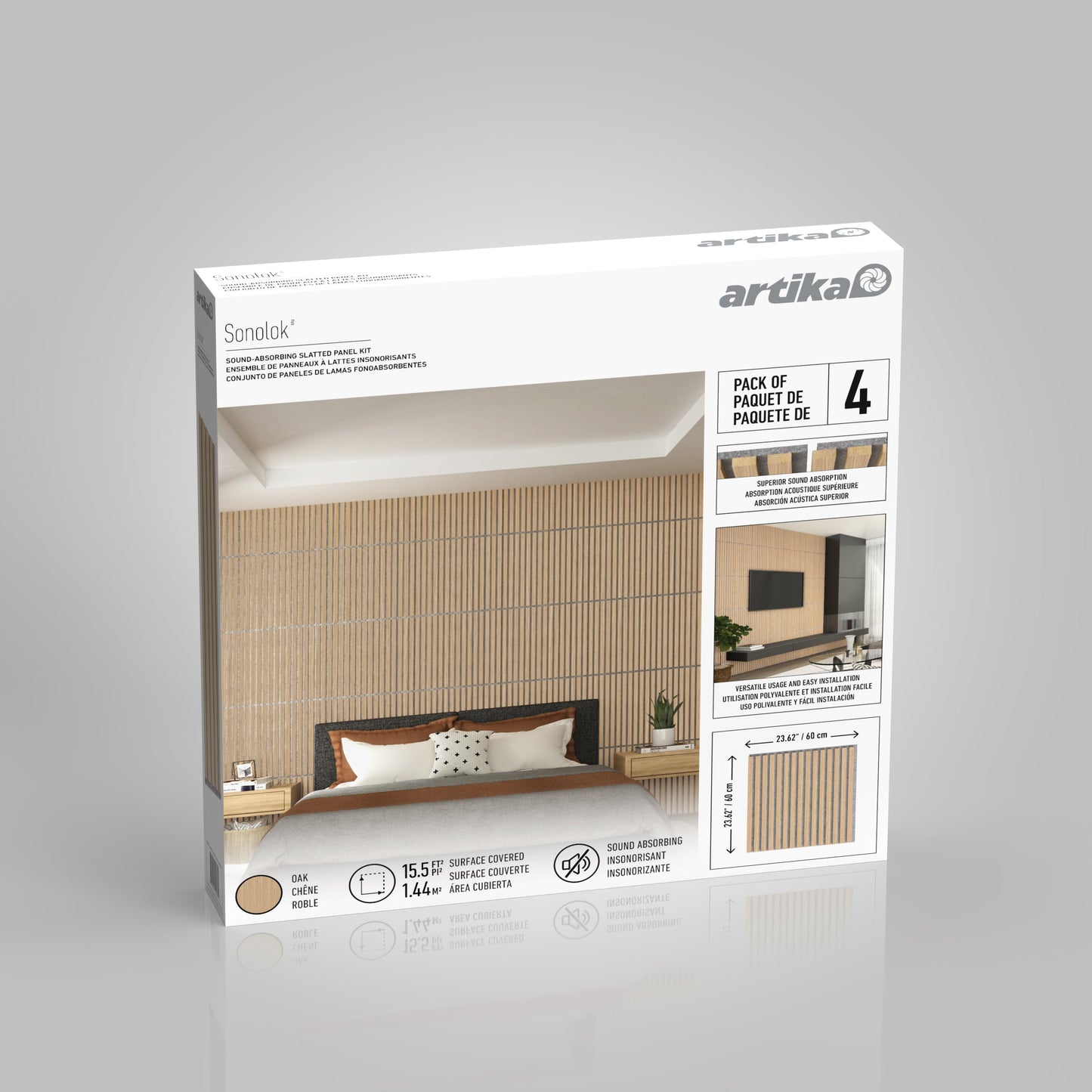 A box of Artika-CAN-dev Sonolok 15.5 sq.ft sound-absorbing wall panel kit features 4 oak-tone panels, acoustic properties, and shows a modern bedroom with wood slat decor behind a bed on the packaging.